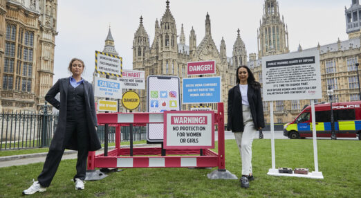 Georgia Harrison and Sharon Gaffka outside the Houses of Parliament.
