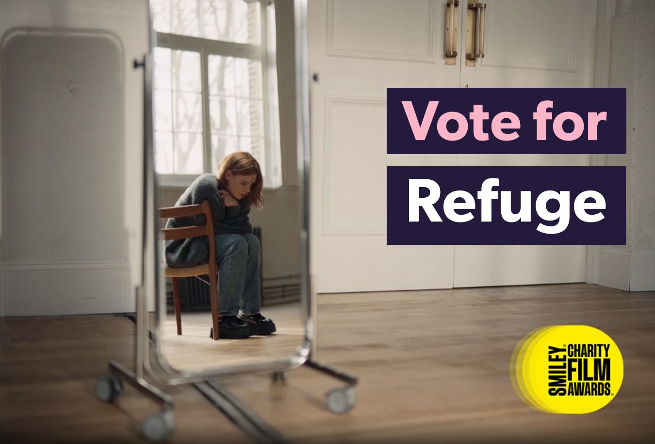 Billie Piper sat on a chair reflected in a mirror with the text 'Vote for Refuge' above a logo for rhw Smiley Charity Film Awards