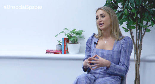 Still from video of Georgia Harrison. In top left reads #UnsocialSpaces