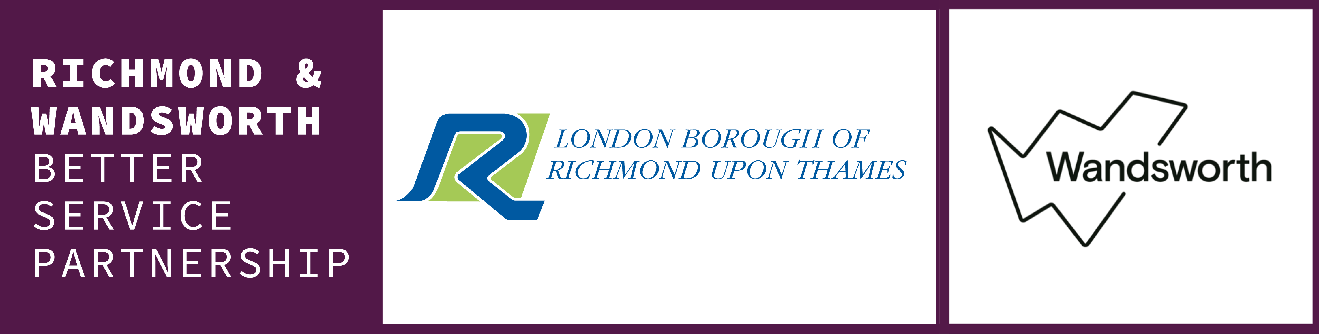 Three logos, from left to right: 'Richmond and Wandsworth Better Service Partnership' in white text on purple, 'Richmond Borough of Richmond Upon Thames' in blue text, and 'Wandsworth' with borough outline in black. 